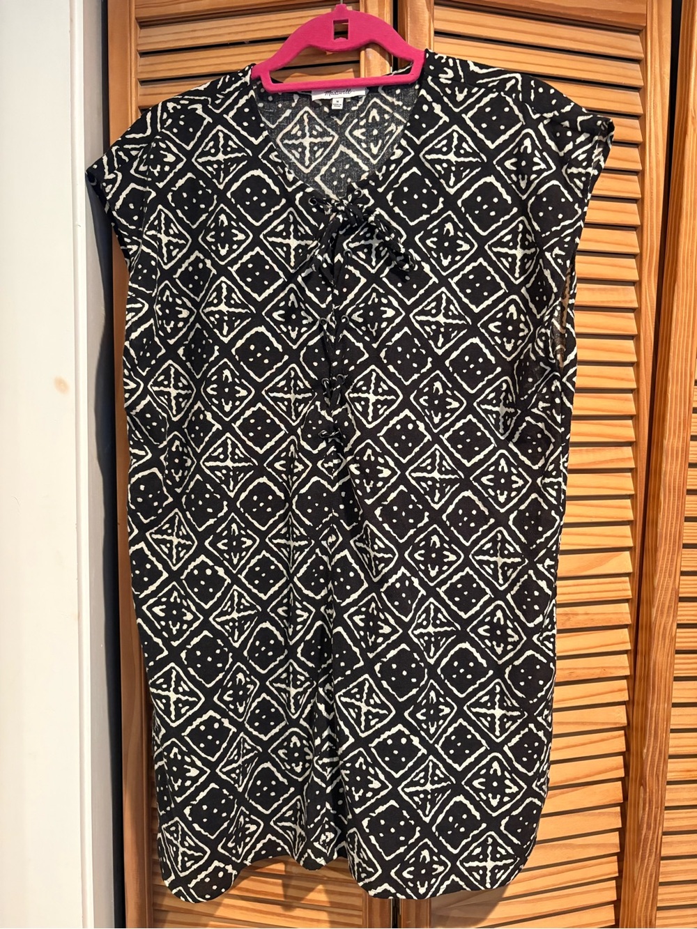 Madewell Black White Batik Tribal Diamond Print Lace-Up Tassel Tunic Dress Med